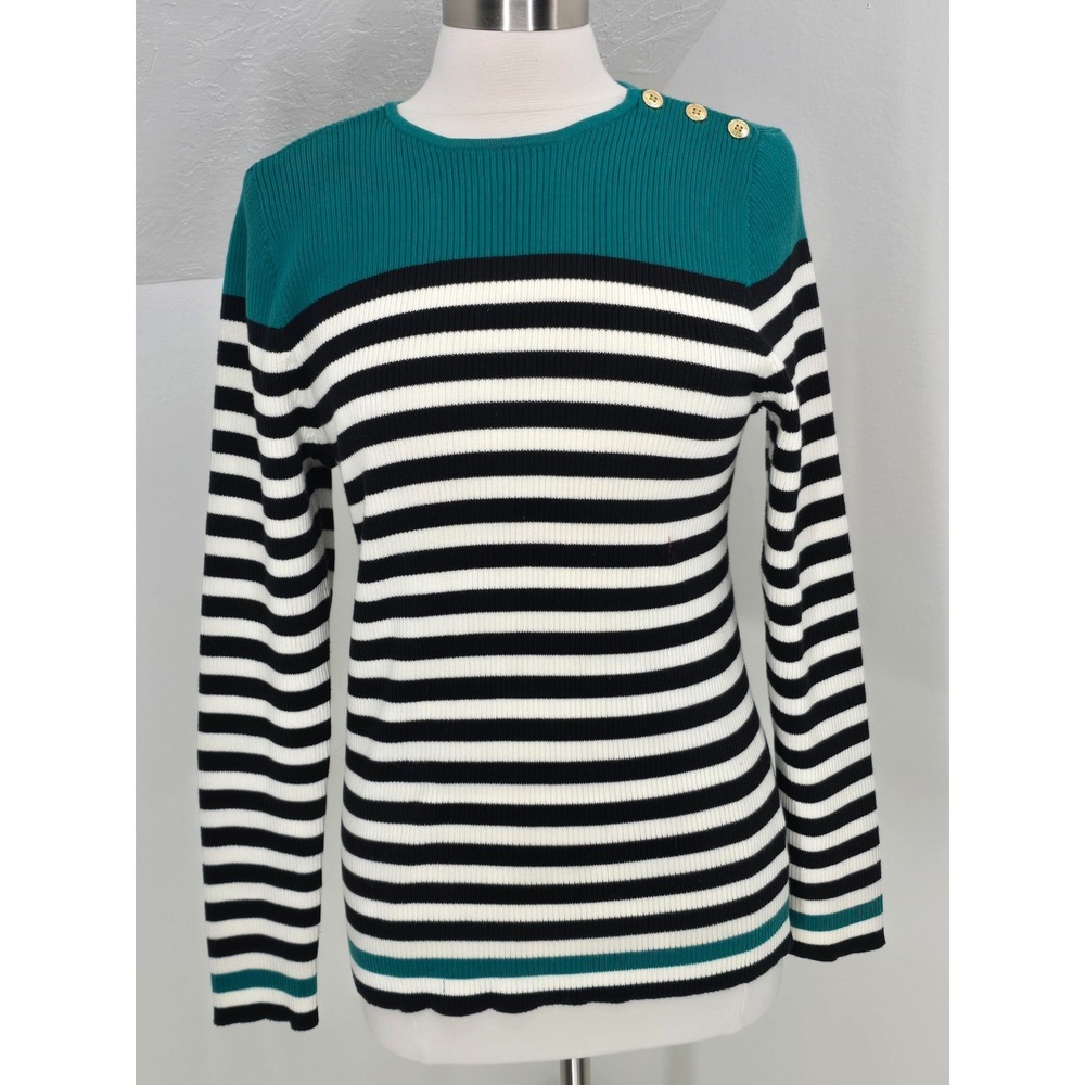 Lauren Ralph Lauren Women's XL Sweater Green Black Ivory Stripe Button Shoulder